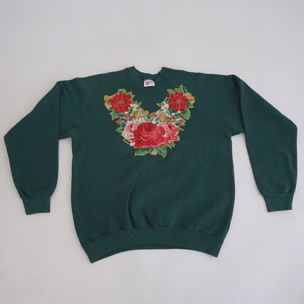 Vintage Sunbelt Green Poinsettia Pinecone Holiday Floral Sweatshirt Christmas XL